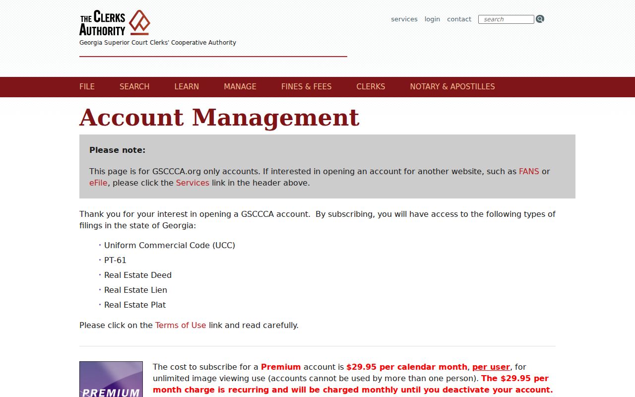 GSCCCA account page and subscription context