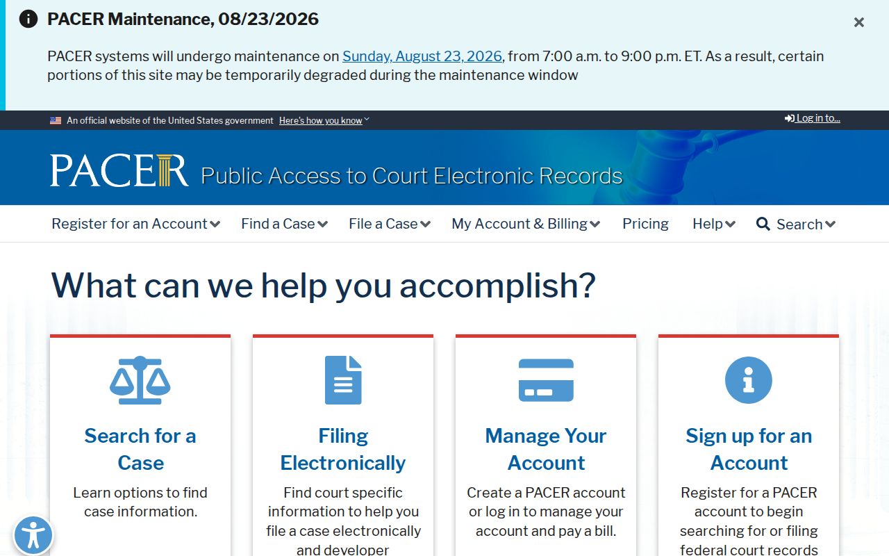 PACER federal docket search gateway