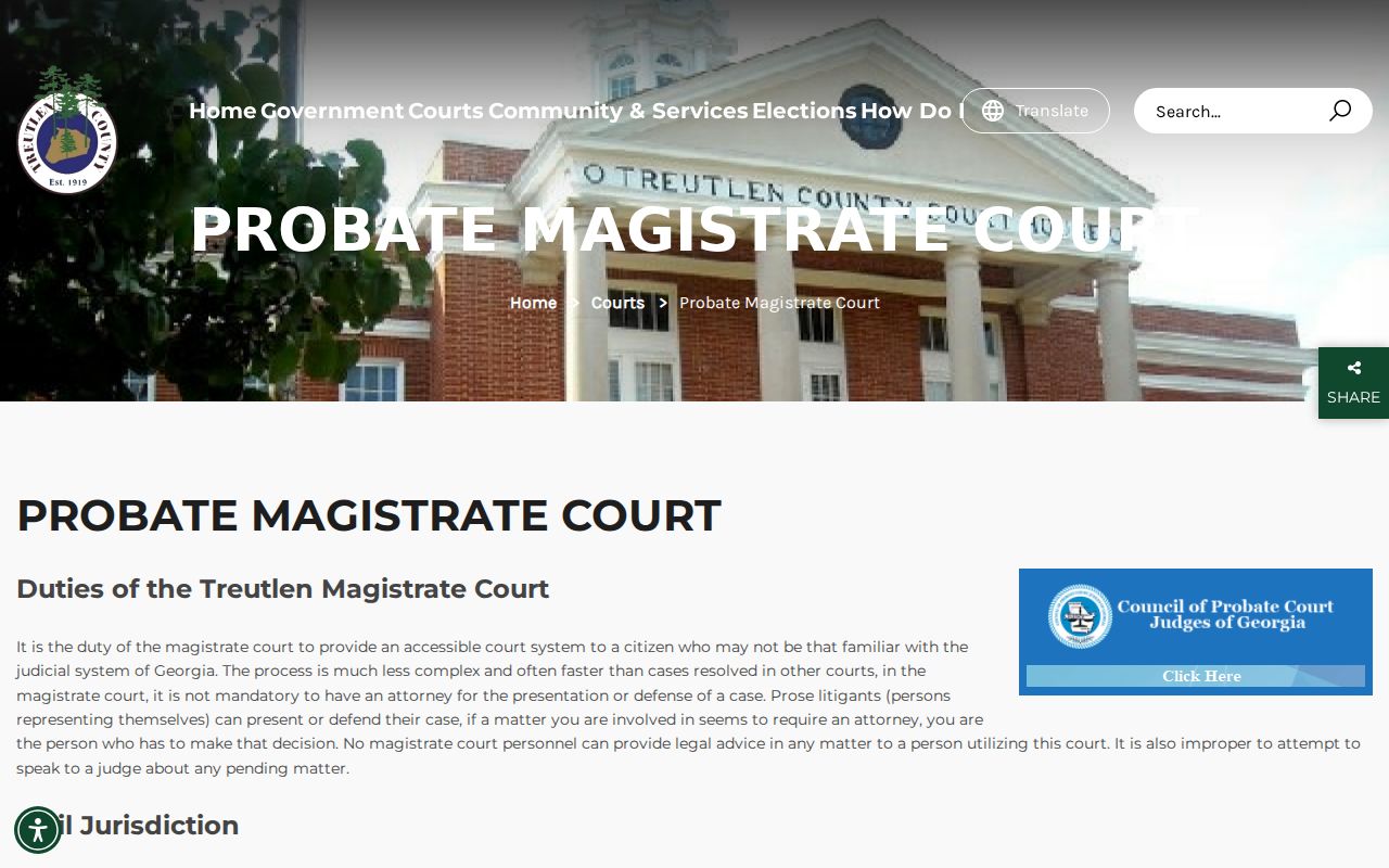 Treutlen County Probate and Magistrate civil jurisdiction page