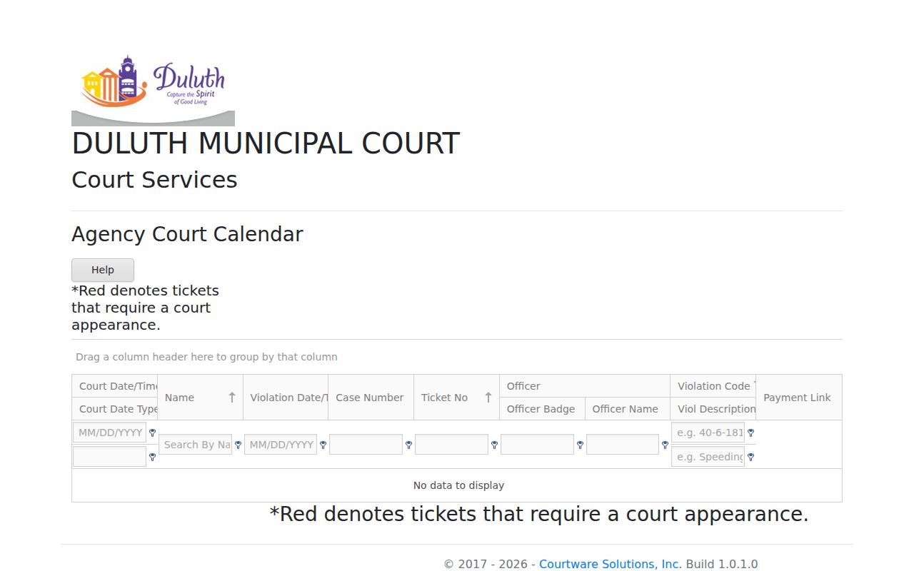 Courtware Soperton Municipal Court calendar search fields