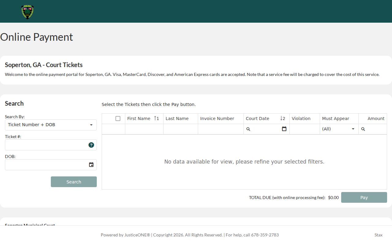 JusticeONE Soperton ticket payment portal